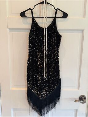 Black Sequin Fringe Kids Dance Costume Dress